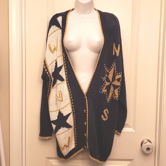 VTG Jason Maxwell Oversized Navy Knit Cardigan Button Up Metallic V Neck - Picture 1 of 15